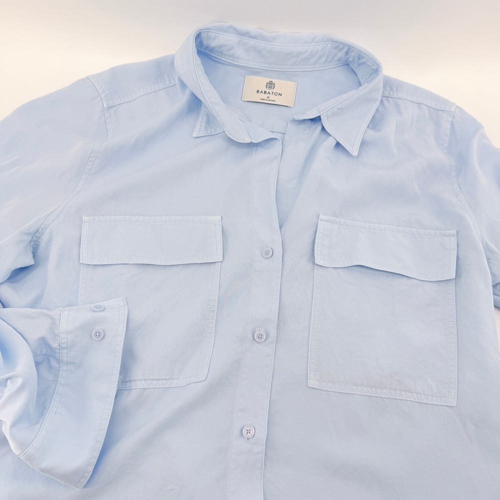 Babaton Button Down Roll Tab Sleeve‎ Shirt Womens Medium Light Blue Utility